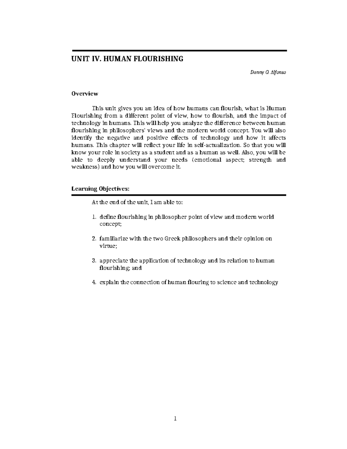 STS 101: UNIT IV - Human Flourishing Overview and Insights - Studocu