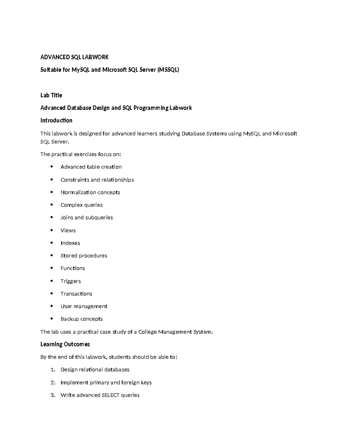 Advanced SQL Labwork: MySQL & MSSQL Practical Exercises - Studocu