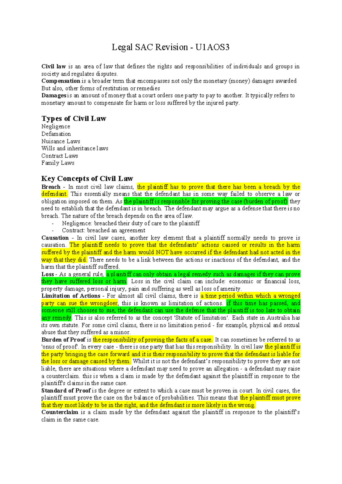 Legal SAC Revision Notes - U1AOS3: Civil Law Fundamentals - Studocu