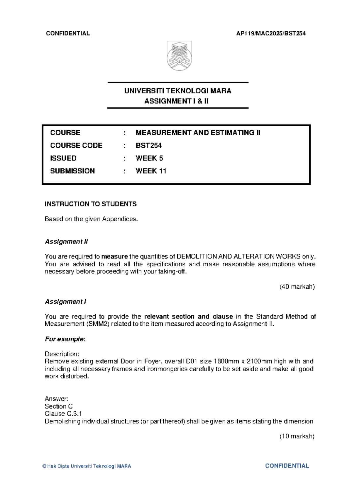 BST254 MEASUREMENT AND ESTIMATING II FINAL EXAM ASSIGNMENT I & II - Studocu