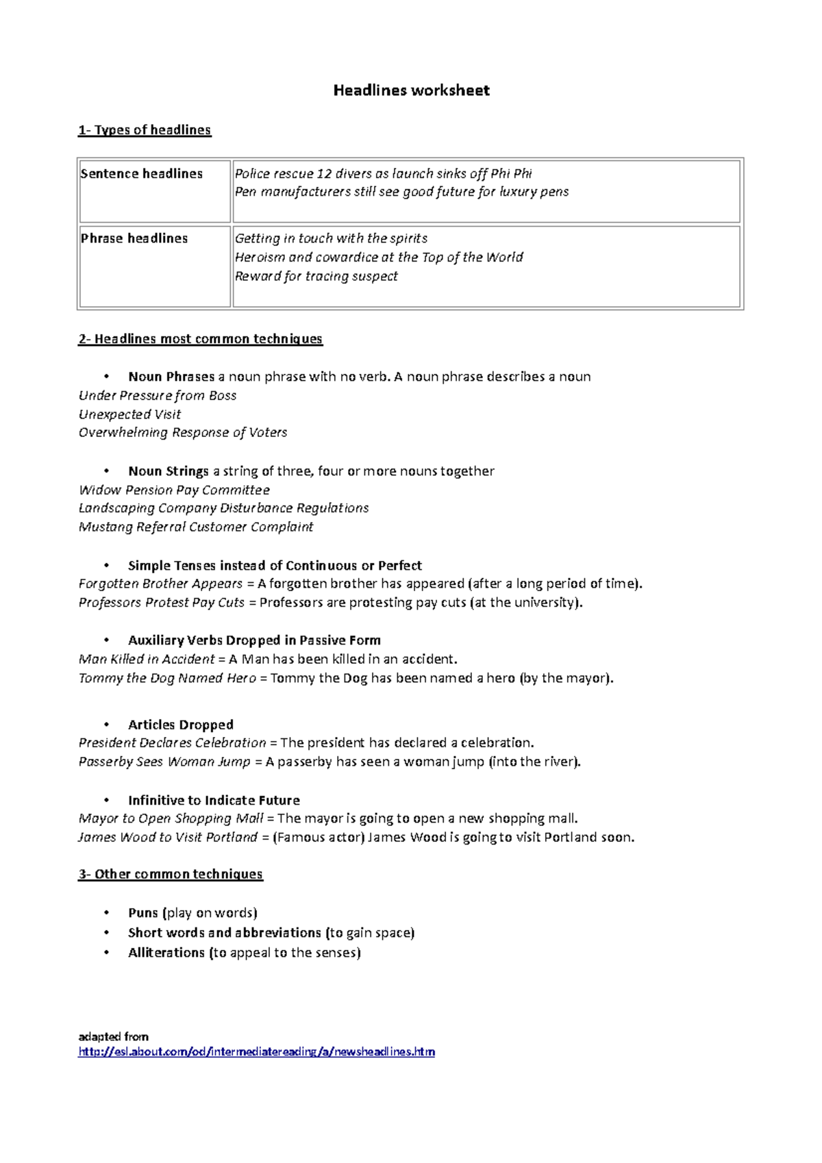 Headline writing exercises worksheet 1 - Headlines worksheet 1- Types ...