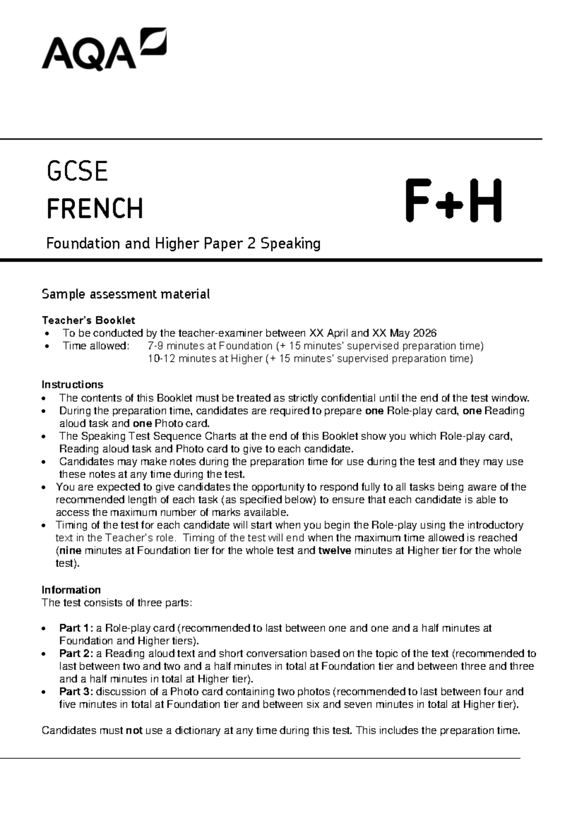 GCSE FRENCH Foundation & Higher Speaking Test Sample Paper - Studocu