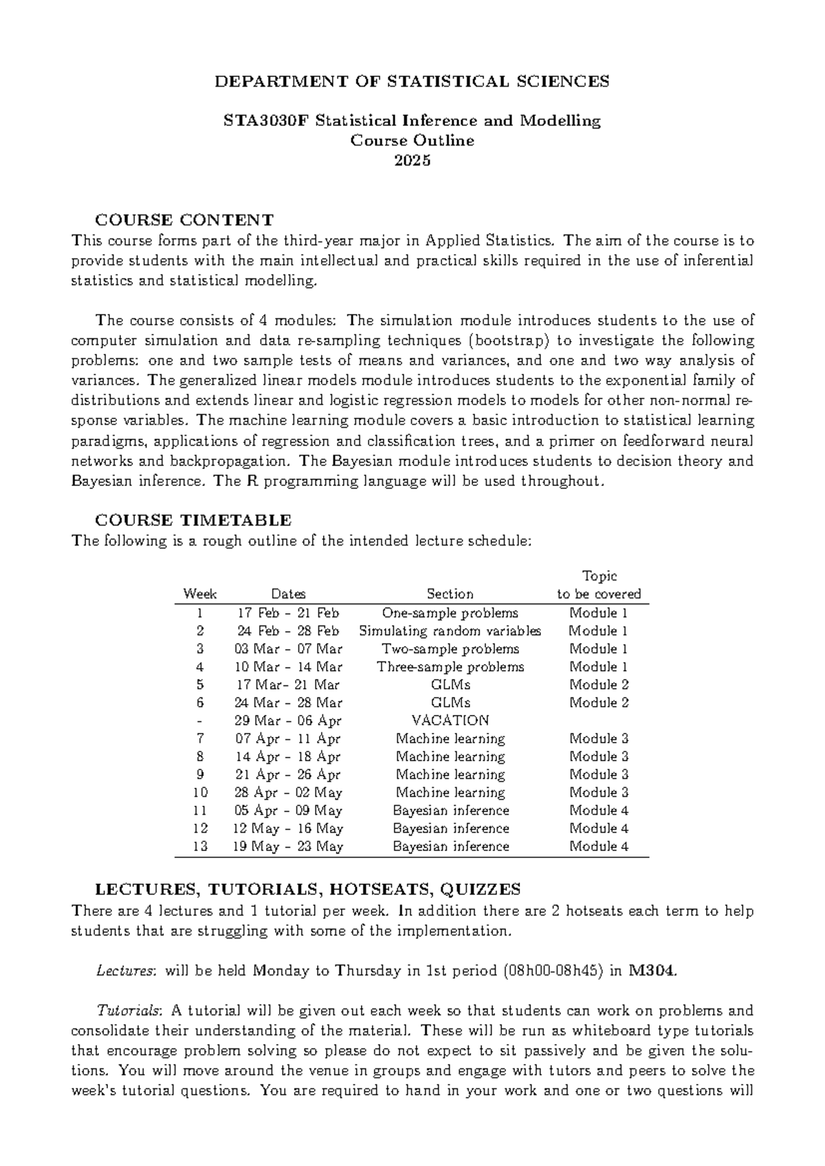 STA3030F Statistical Inference & Modelling Course Outline 2025 - Studocu
