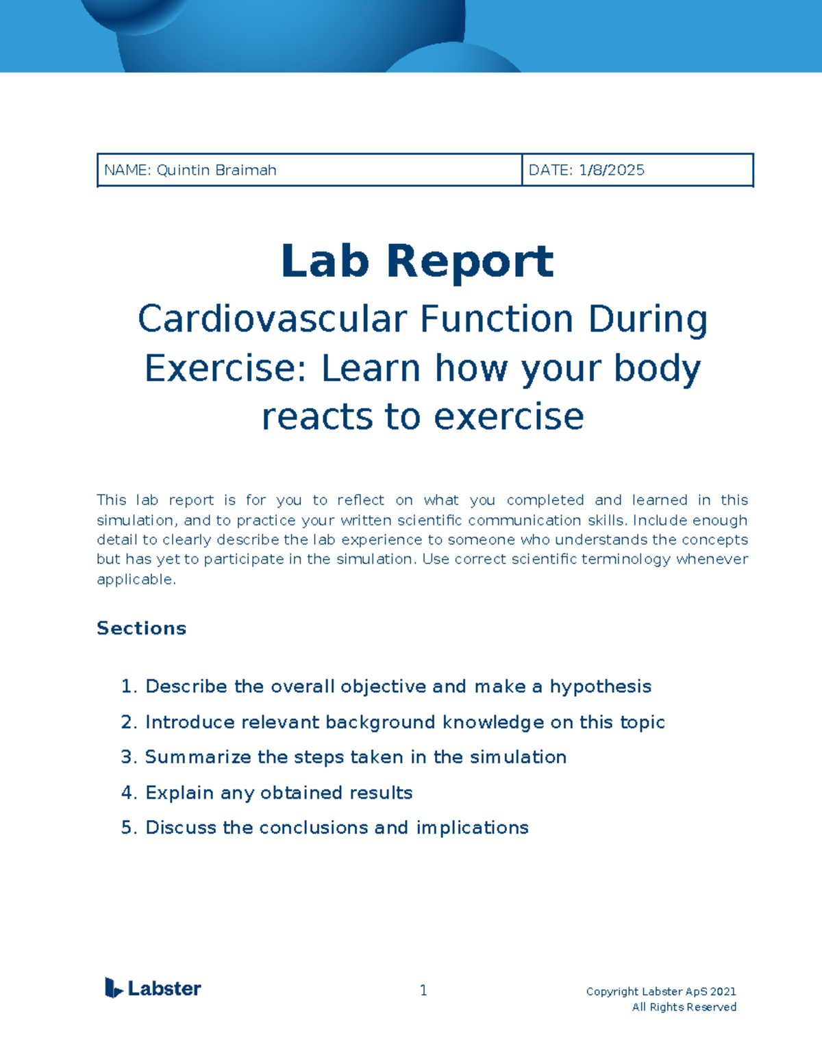 Q Braimah Lab Report Cardiovascular Function During Exercise - NAME ...