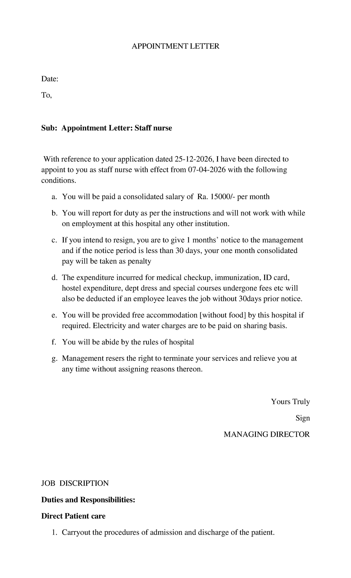 APPOINTMENT LETTER: Staff Nurse Position Details and Responsibilities ...