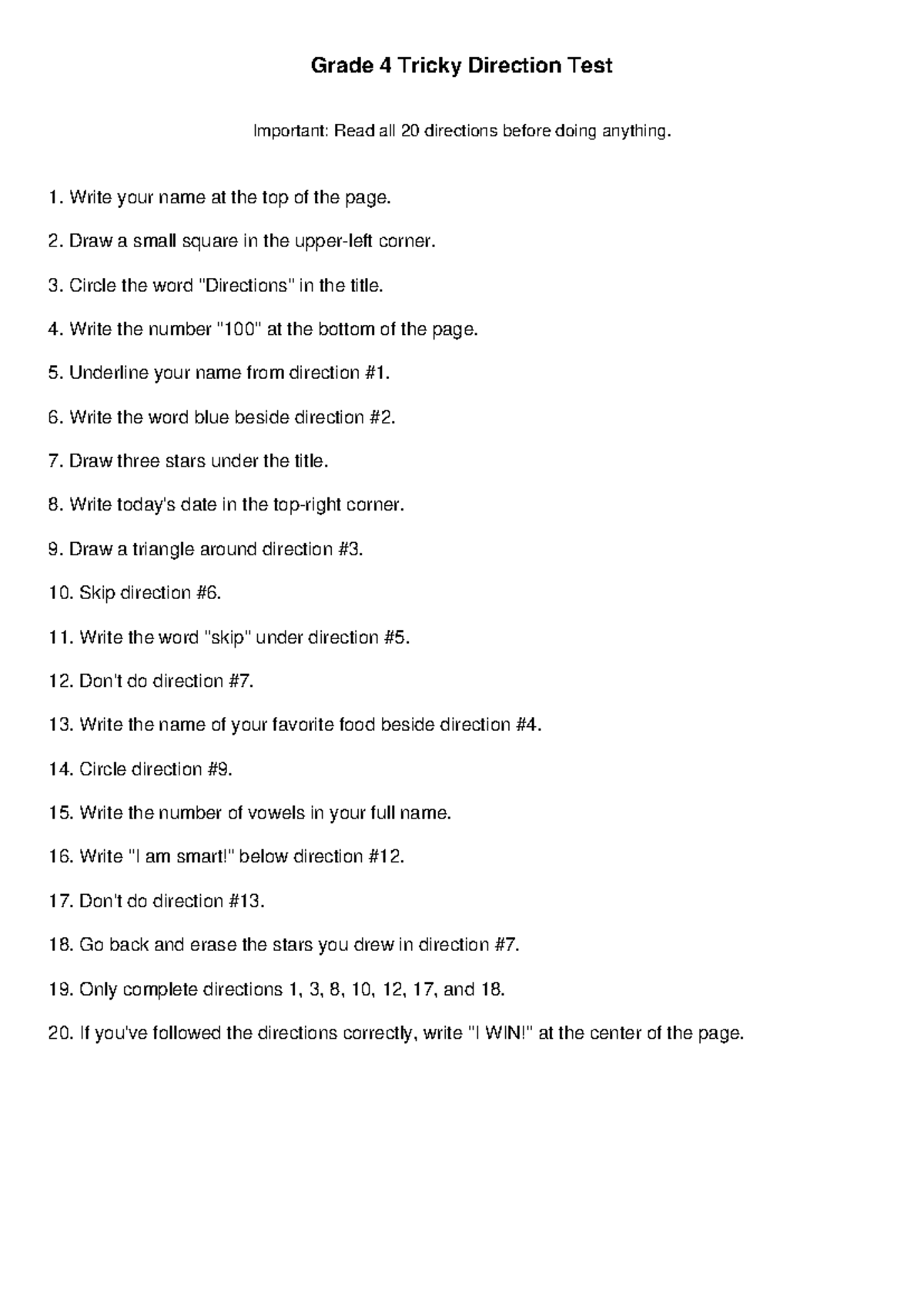 Grade 4 Tricky Direction Test: Follow All 20 Steps Carefully - Studocu