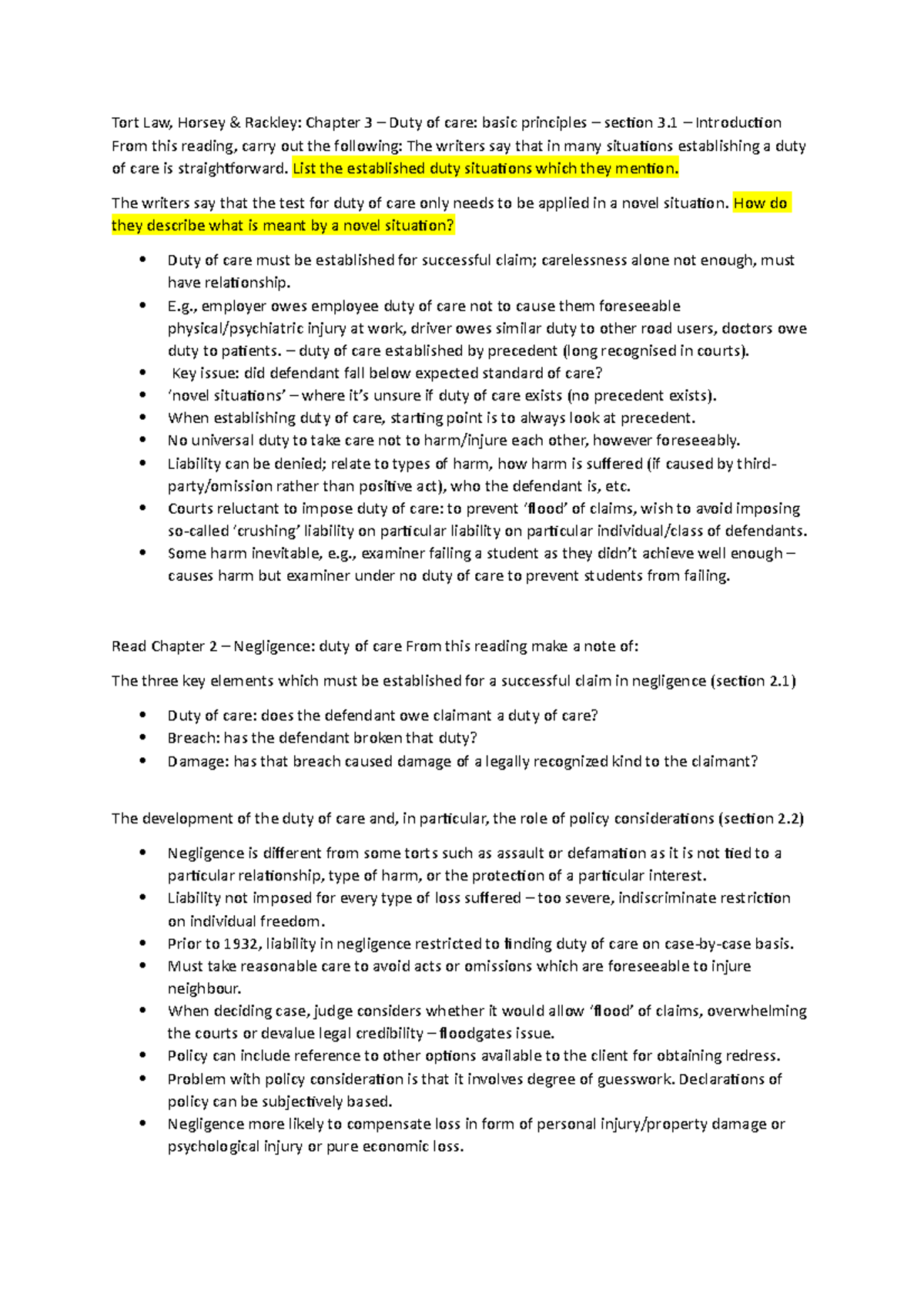 Tort Law Workshop 2: Duty of Care Principles & Key Concepts - Studocu