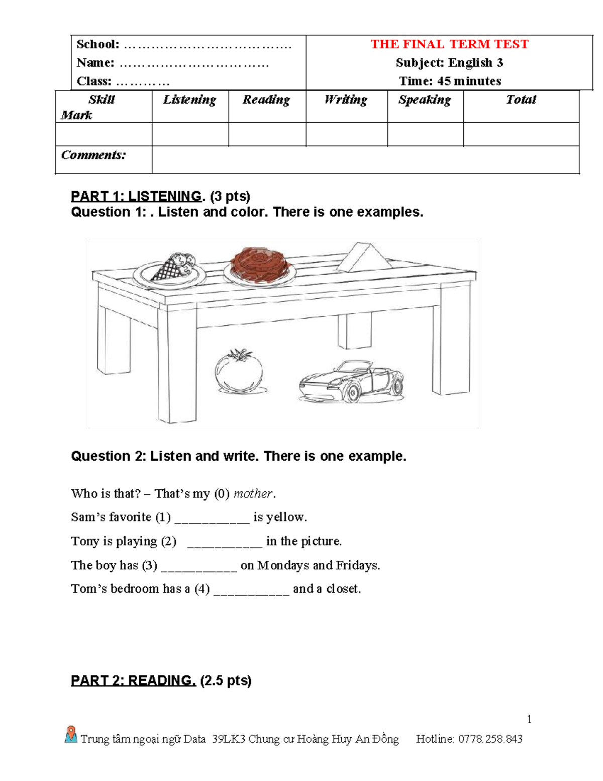 English 3 Final Term Test: Listening & Reading Skills G3 - Studocu