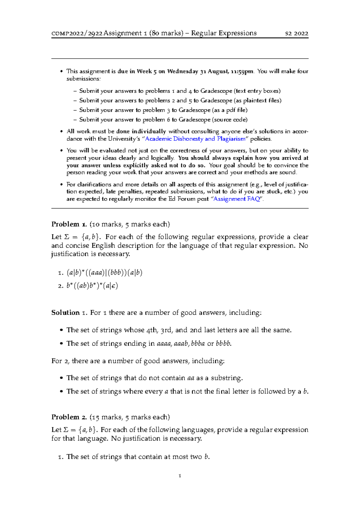 A1 solutions (v1) - 2022 S2 asg1 - This assignment is due in Week 5 on ...