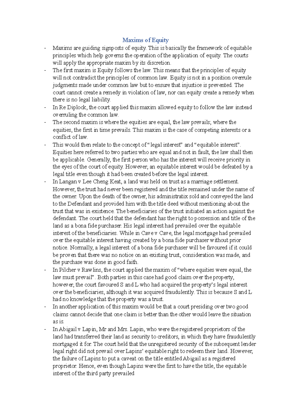 Maxims of Equity - Lecture Notes 1 (Legal Principles Explained) - Studocu