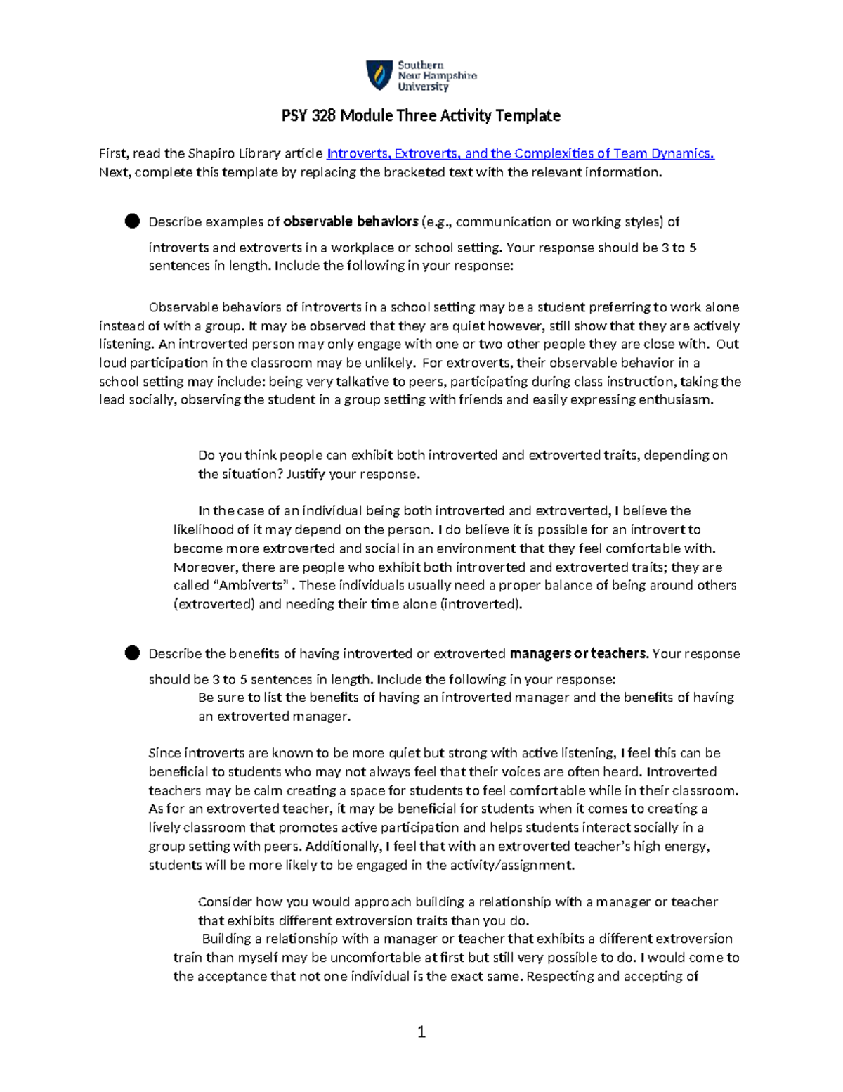 PSY 328 Introverts vs. Extroverts: Team Dynamics Activity Template ...