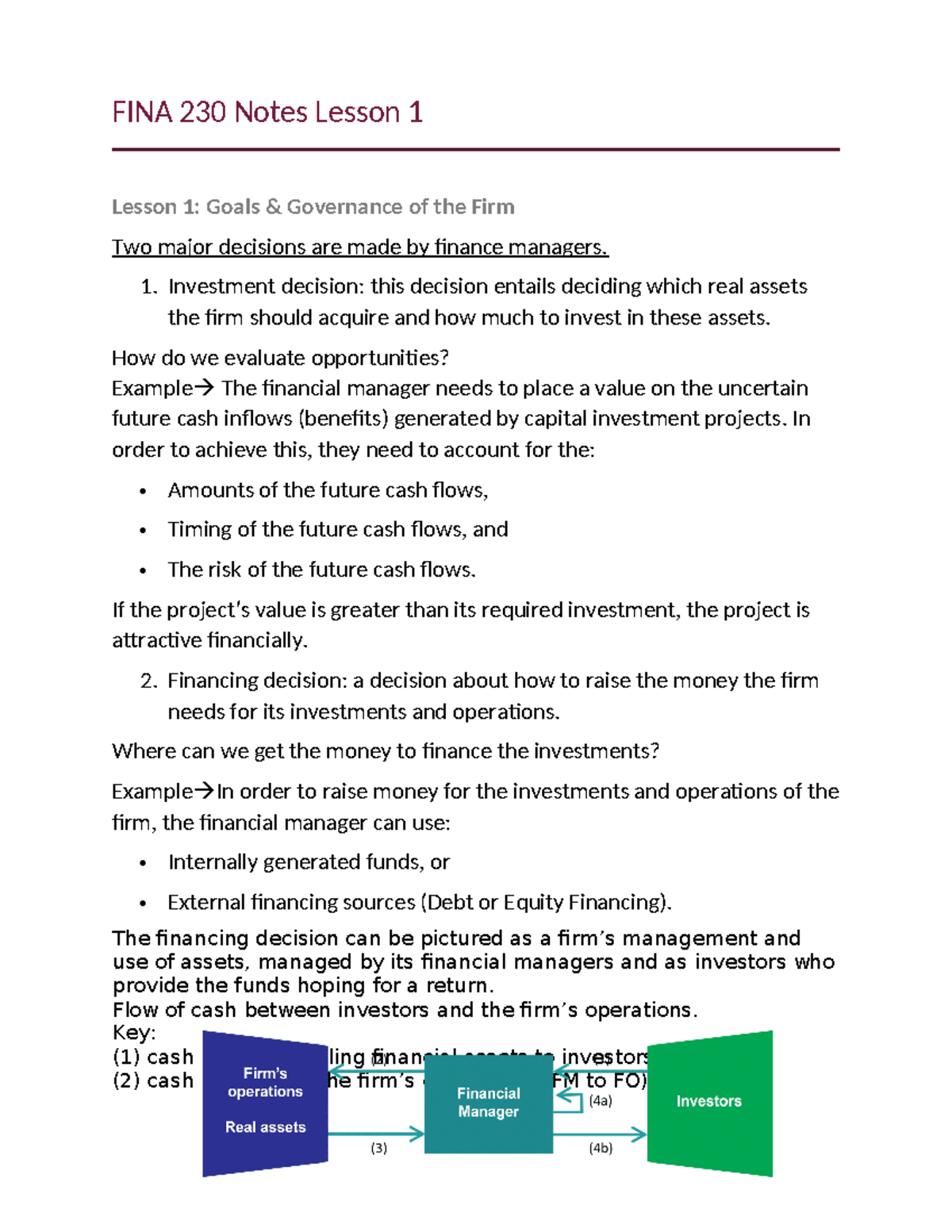 Lesson 1 - FINA 230 Notes Lesson 1 Lesson 1: Goals & Governance of the ...