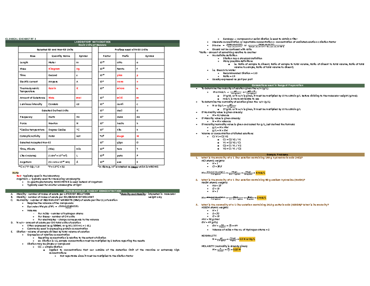 Clinical Chemistry I Final Exam Reviewer: Key Laboratory Concepts - Studocu