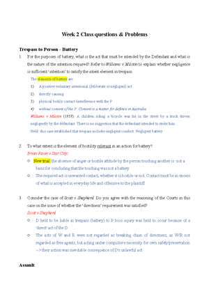 Torts Notes including skeletal answers to problem questions - Week 1 ...