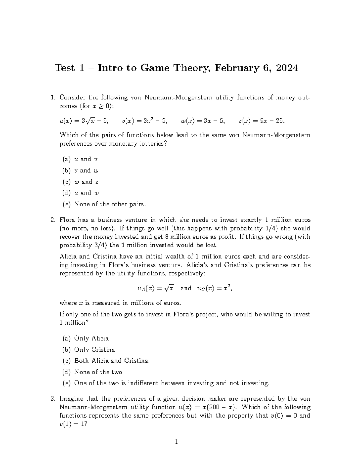 Test 1 - 2024 - Intro to Game Theory Exam Review Guide - Studocu