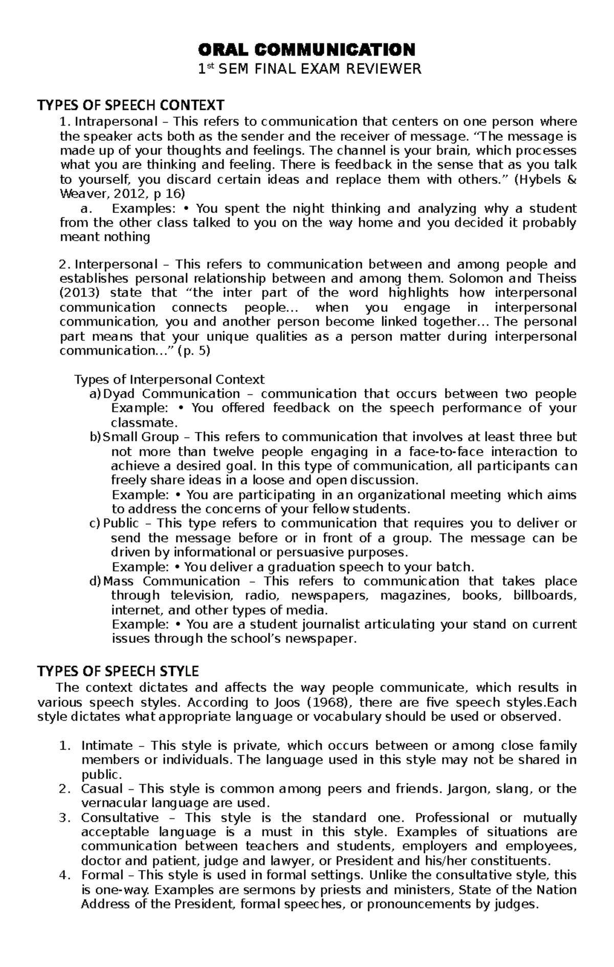 ORAL COMMUNICATION 1st SEM FINAL REVIEWER: Types of Speech Contexts ...
