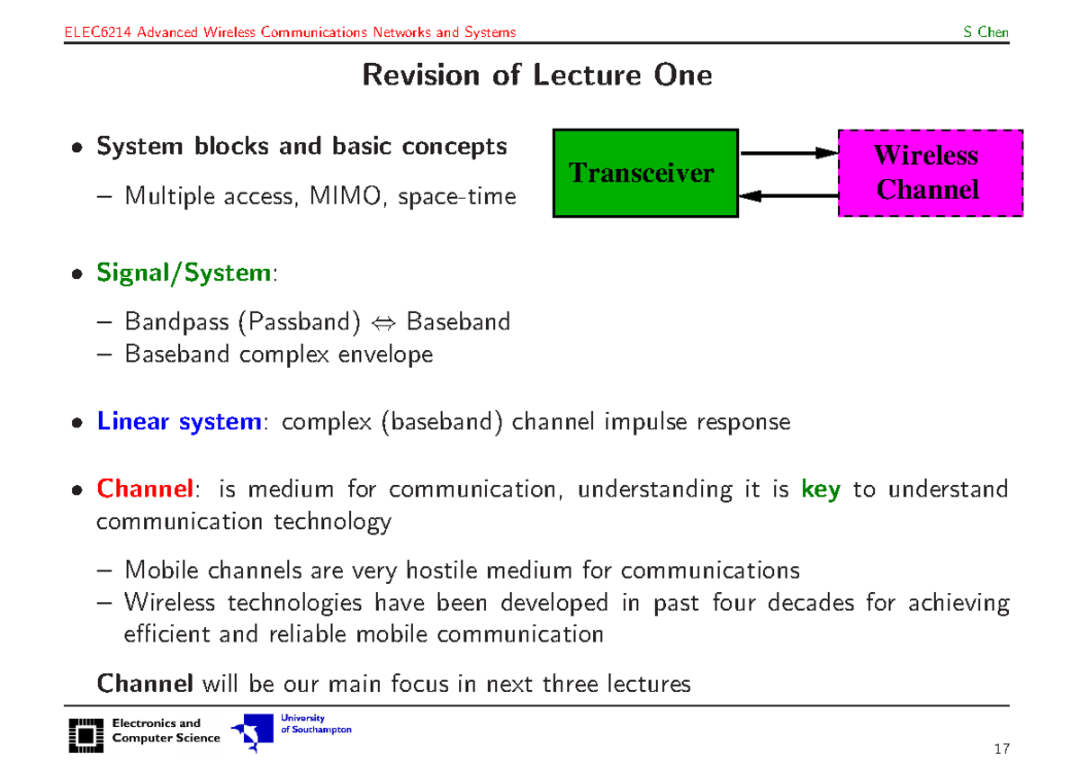 Wireless Communication- Lecture 2 - Revision of Lecture One • System ...