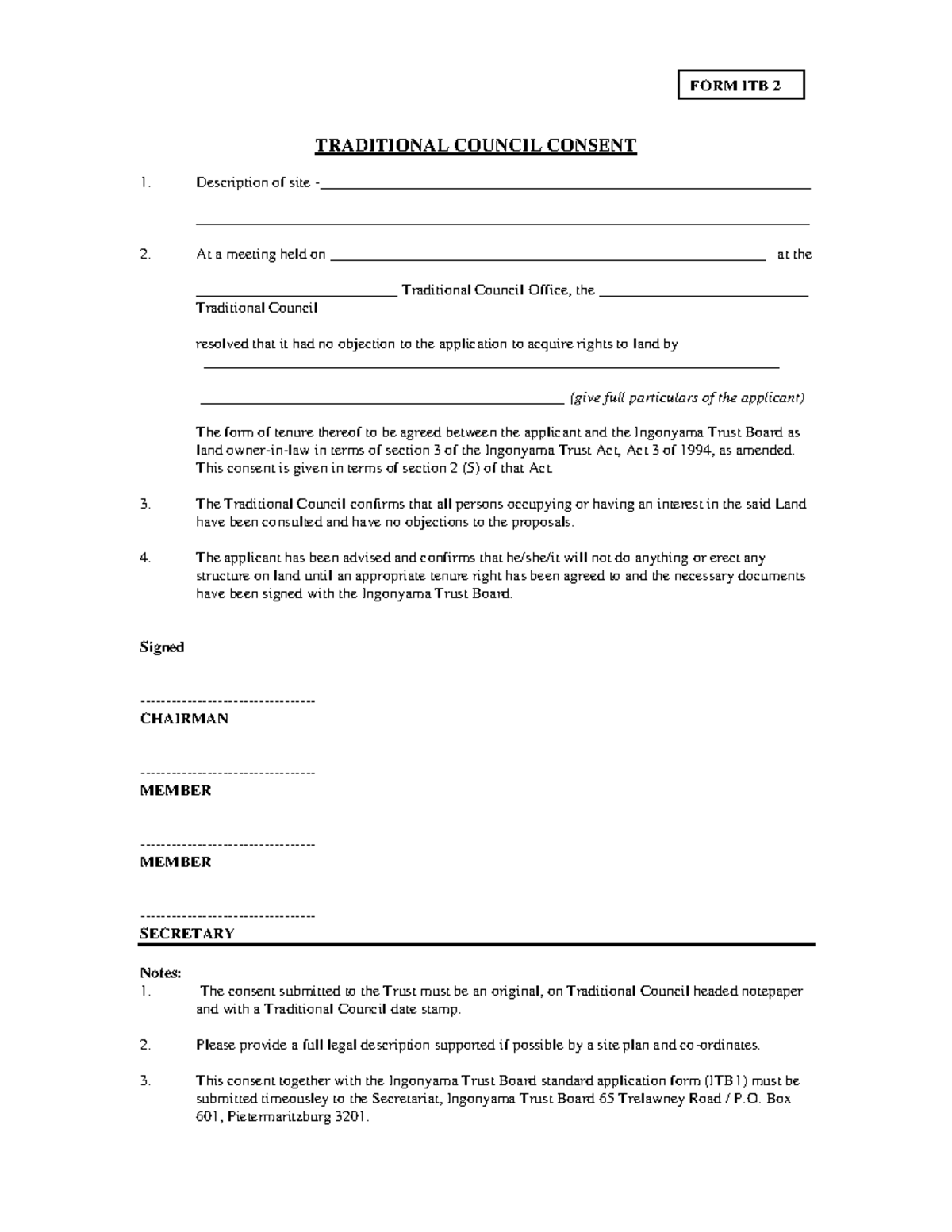 Traditional Council Consent Form ITB 2 for Land Acquisition - Studocu