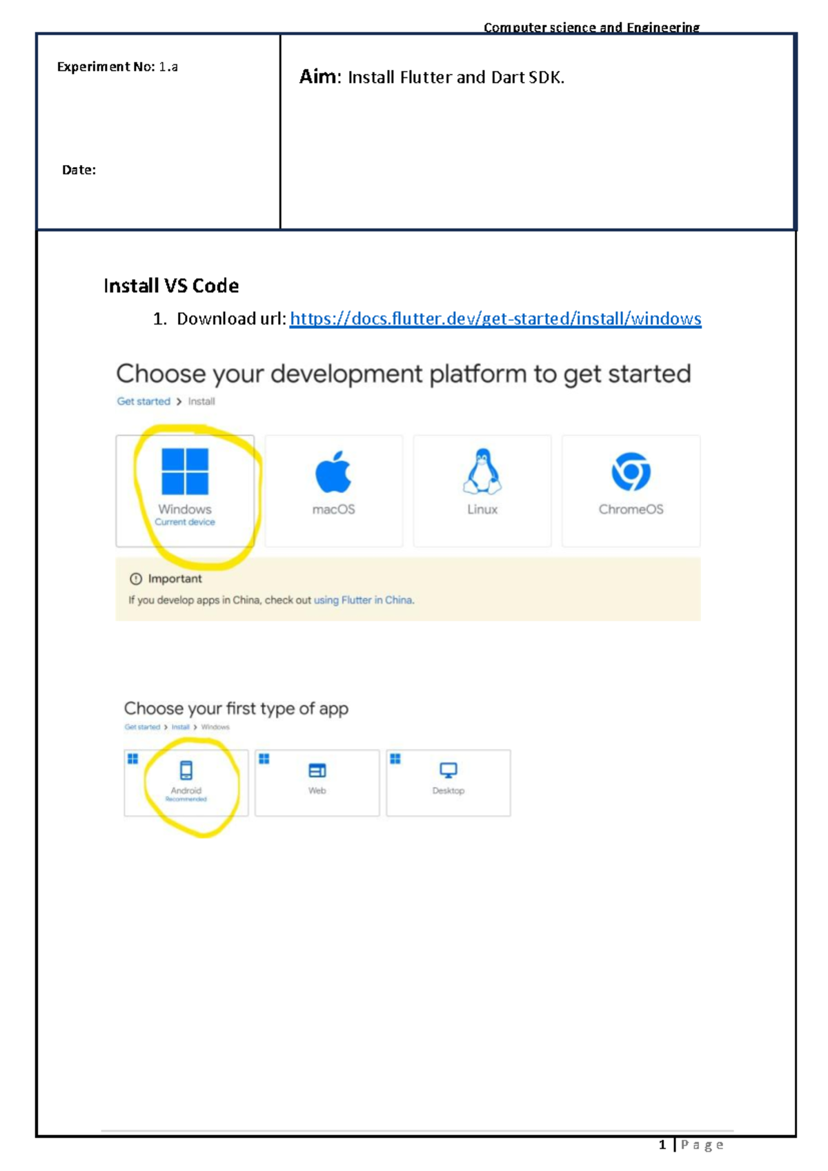 Flutter 537 - UI manual - Experiment No: 1 Date: Aim: Install Flutter ...