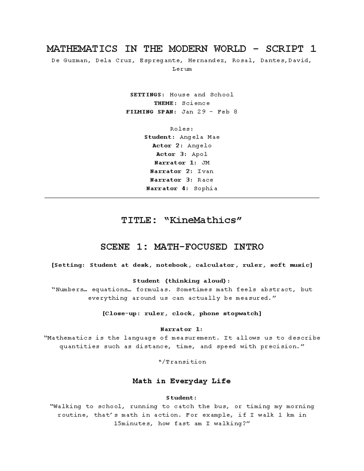MATHEMATICS IN THE MODERN WORLD SCRIPT: SCENES & CONCEPTS - Studocu