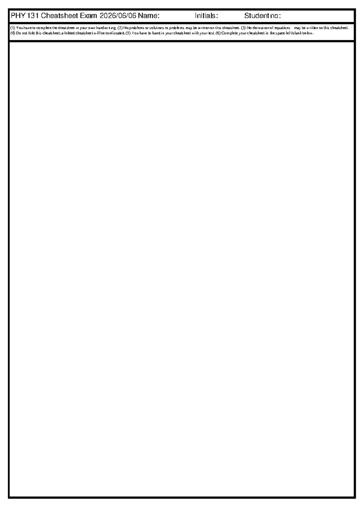 PHY 131 Cheatsheet for Final Exam 2026 - Studocu
