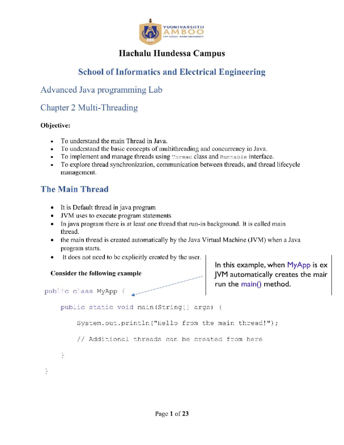 Java Multi-threading Lab Manual (CS101) - Chapter 2: Main Thread ...