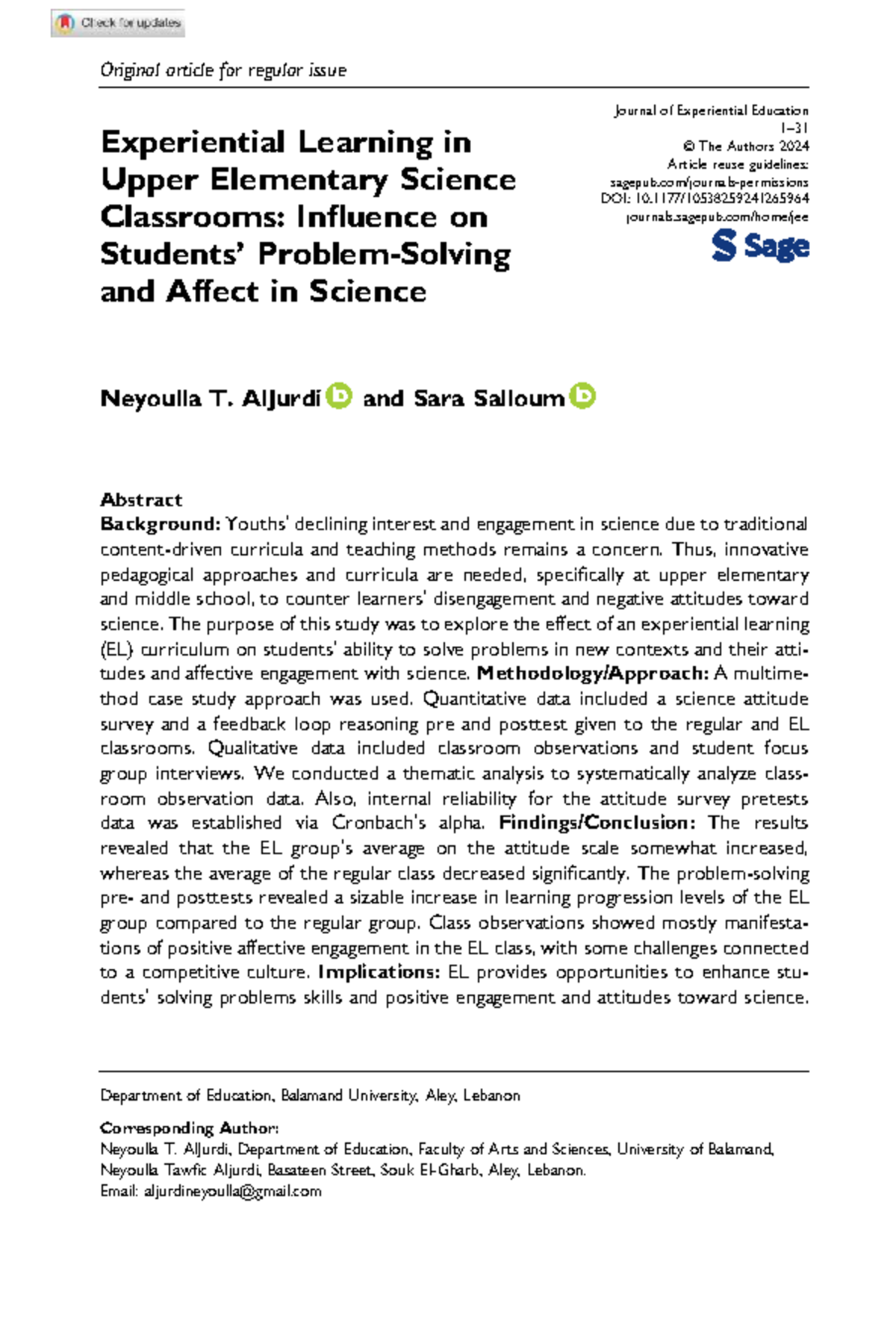 Experiential Learning in Upper Elementary Science Classrooms: Impact on ...