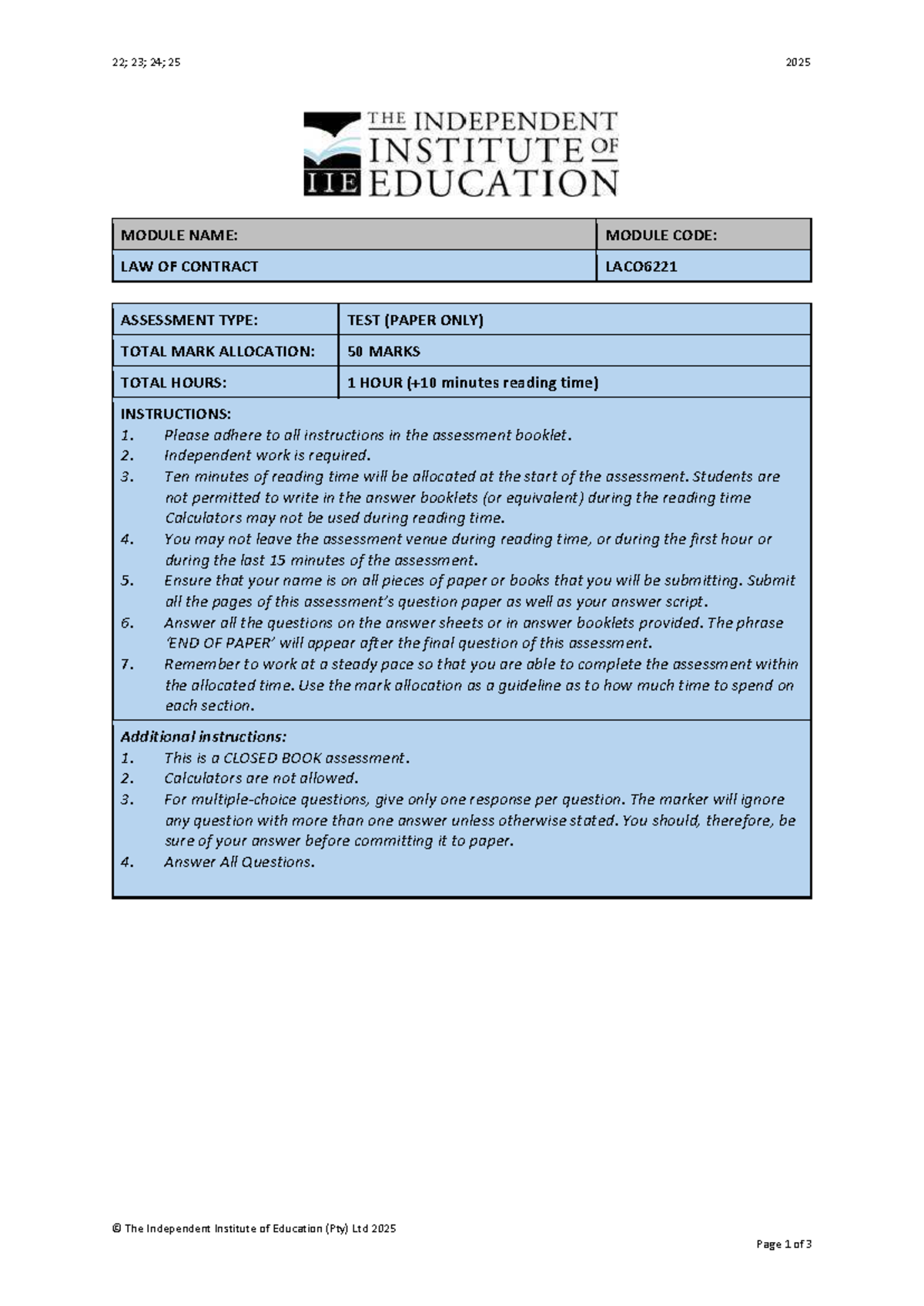 Law of Contract Test LACO6221 - Past Paper 2025 - Studocu