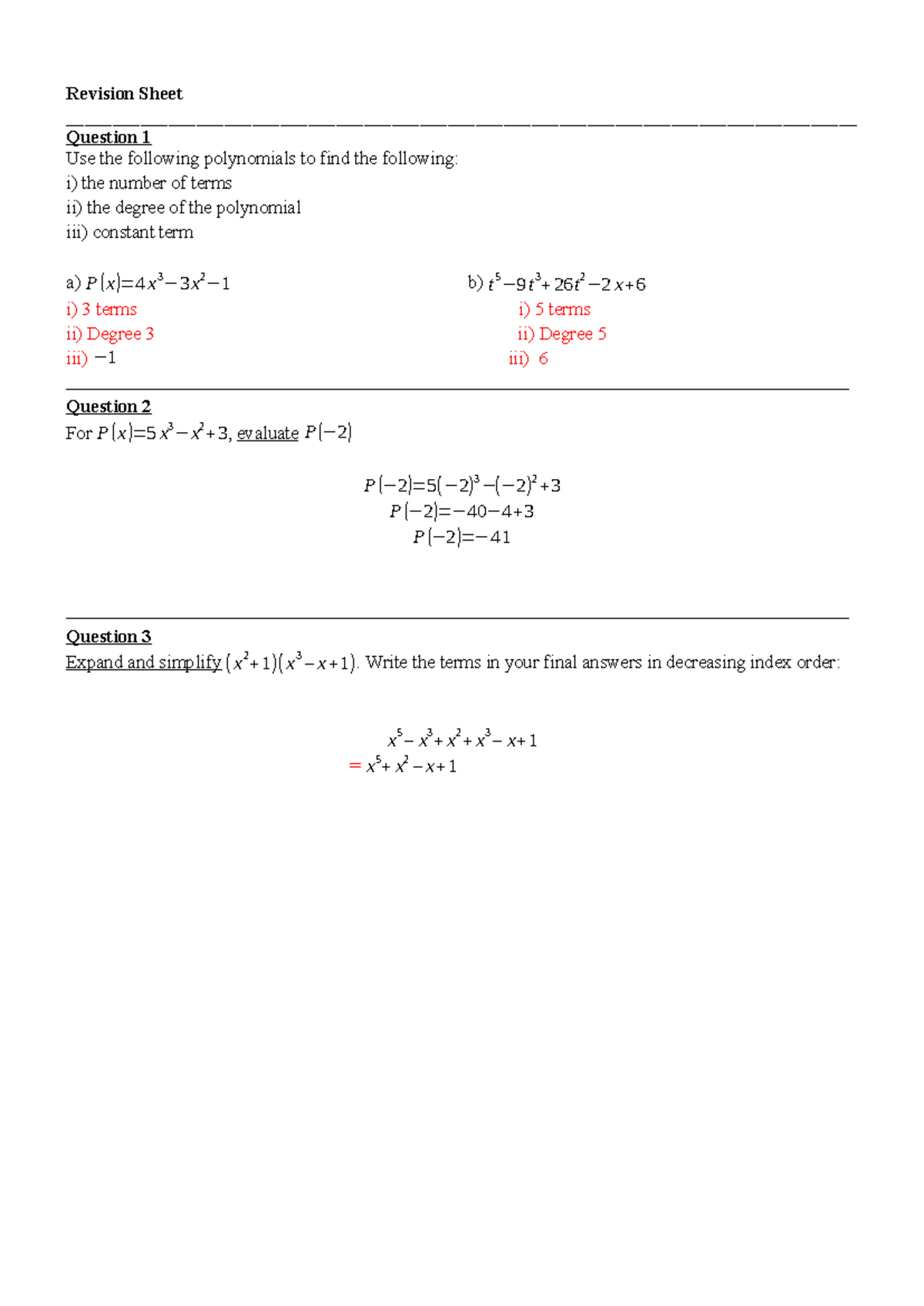 Year 10 Advanced Maths Revision: Polynomials Q&A Sheet - Studocu