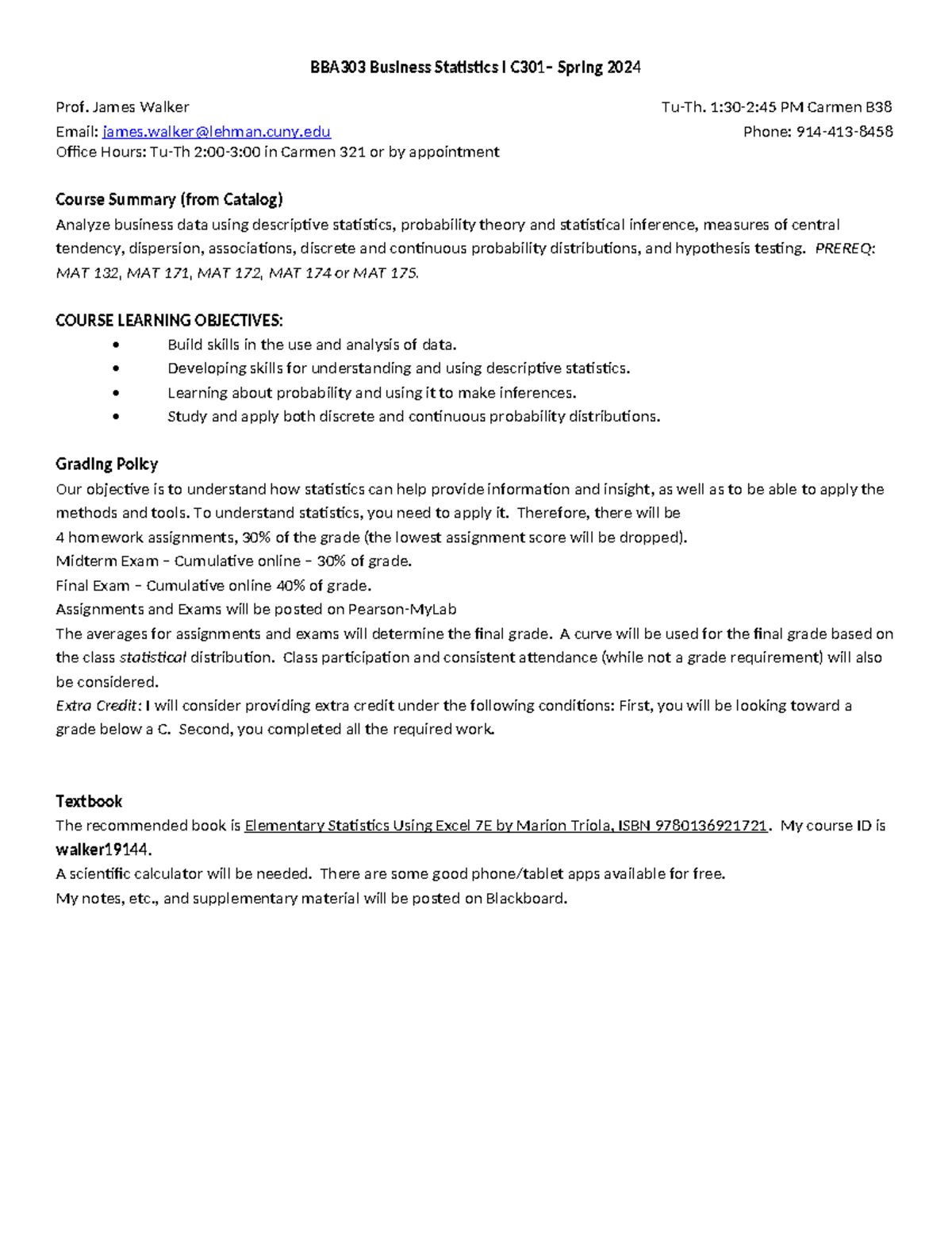 BBA303 Business Statistics I C301 - Spring 2024 Course Overview - Studocu