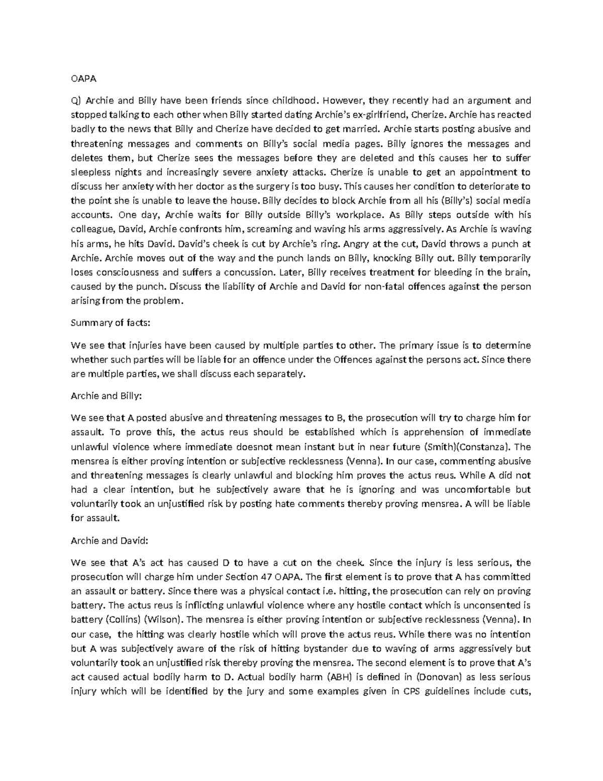 OAPA - Analysis of Liability for Offences Against the Person - Studocu