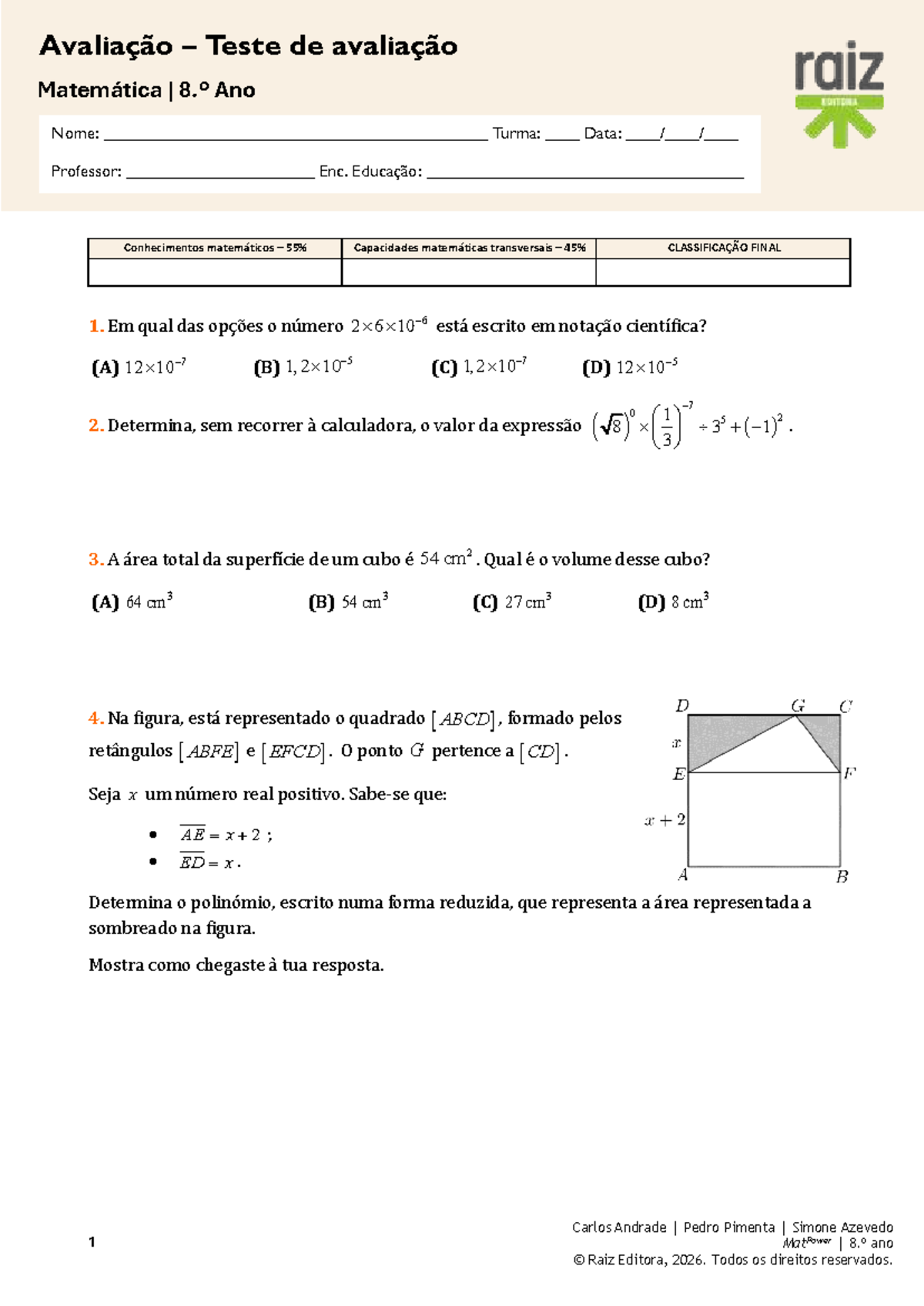 Teste de Avaliação Matemática 8.º Ano - Mat8 - Studocu