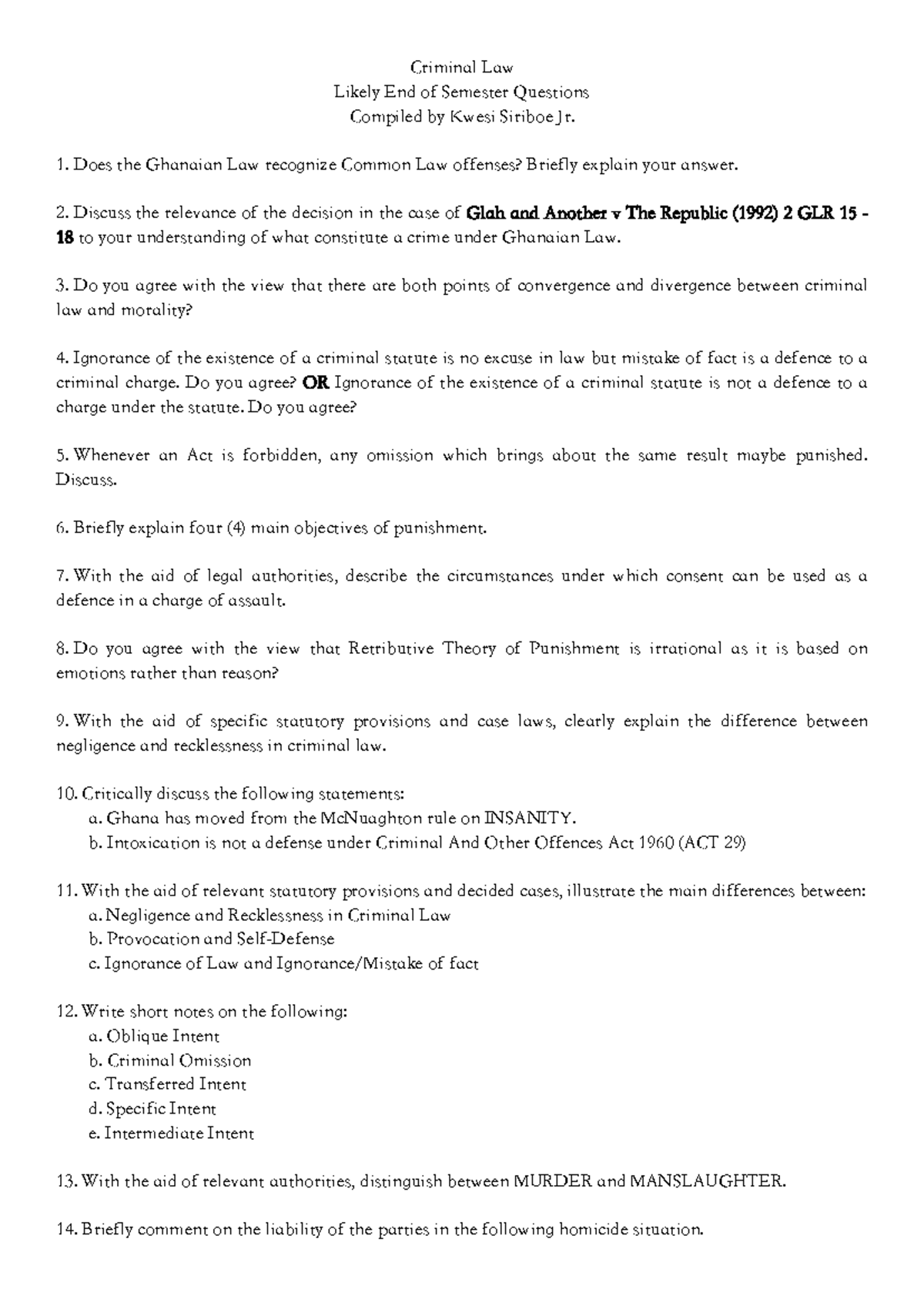 Criminal Law Final Exam Questions Compilation - Kwesi Siriboe Jr. - Studocu