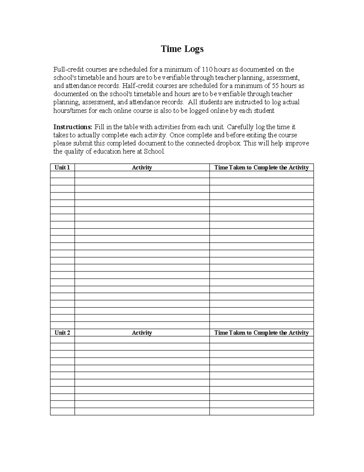 Time Log Sheet for Full-Credit Courses - Documenting Hours - Studeersnel