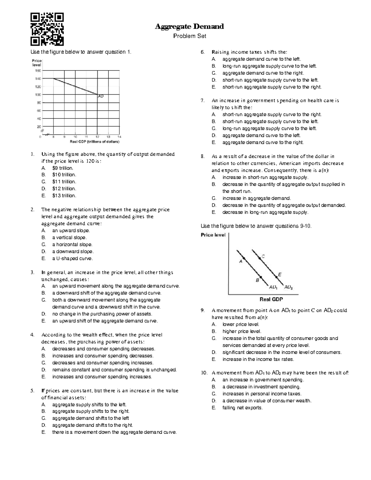 Aggregate Demand Problem Set: Key Concepts and Questions - Studocu