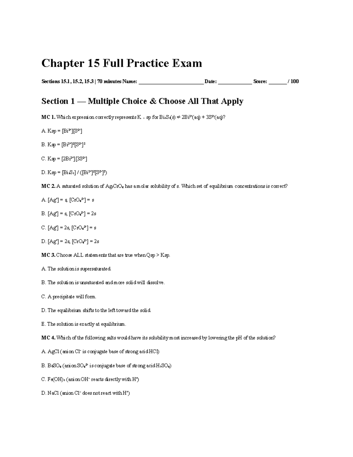 Gen Chem III-2: Chapter 15 Full Practice Exam Review - Studocu