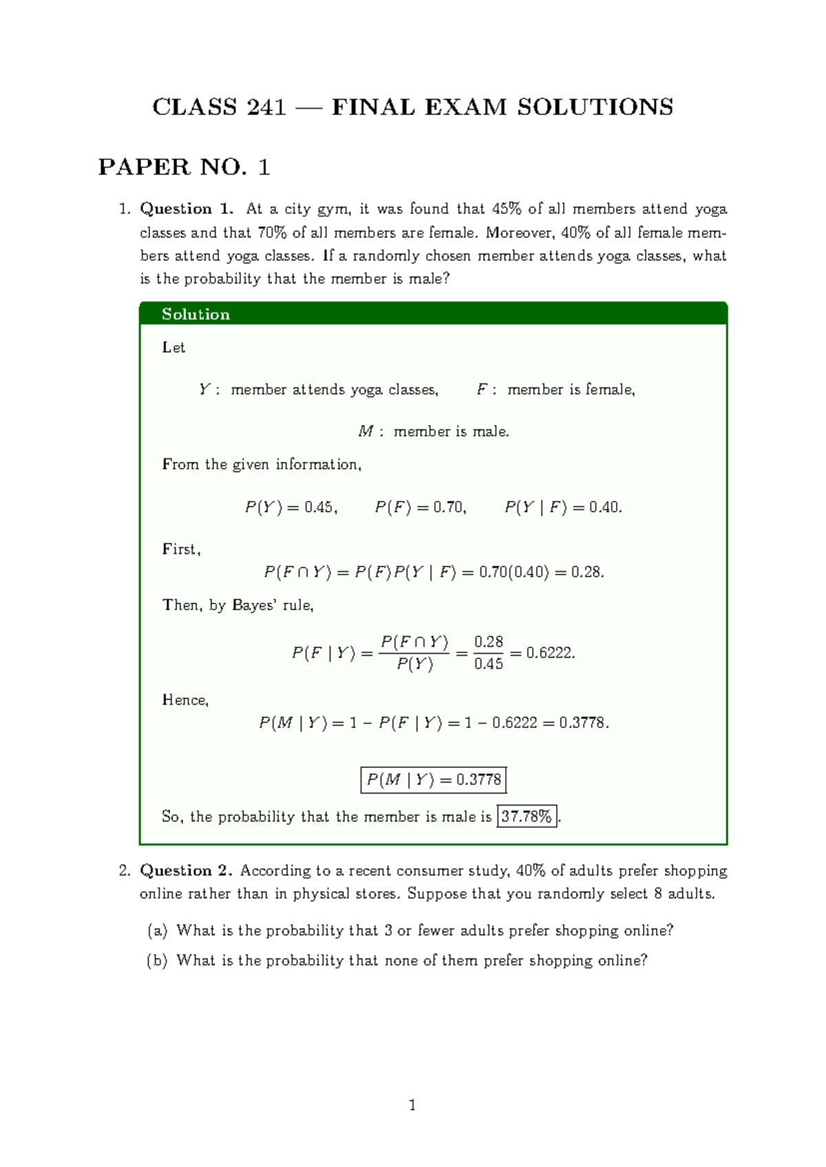 CLASS 241 FINAL EXAM SOLUTIONS - PROBABILITY & STATISTICS - Studocu