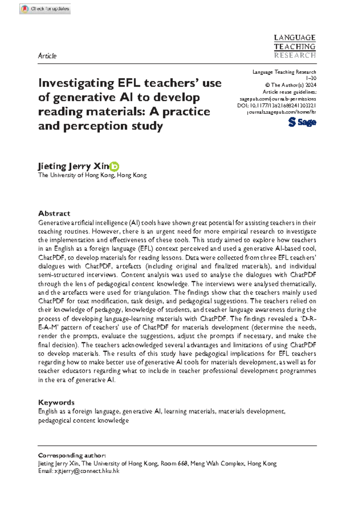 1303321 Teaching Research: EFL Teachers' Use of Generative AI for ...