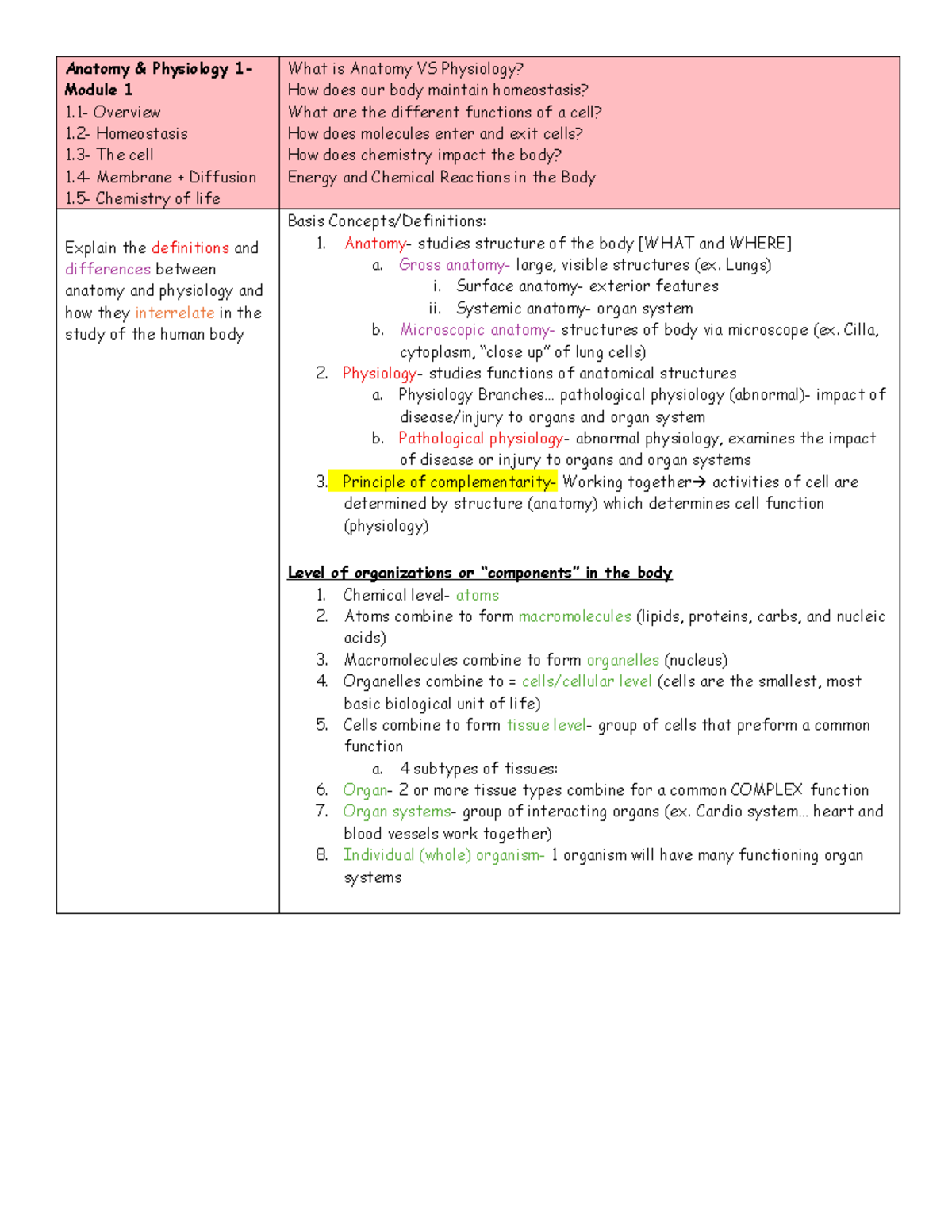 Anatomy & Physiology 1 - Module 1: Homeostasis & Cell Functions Study ...