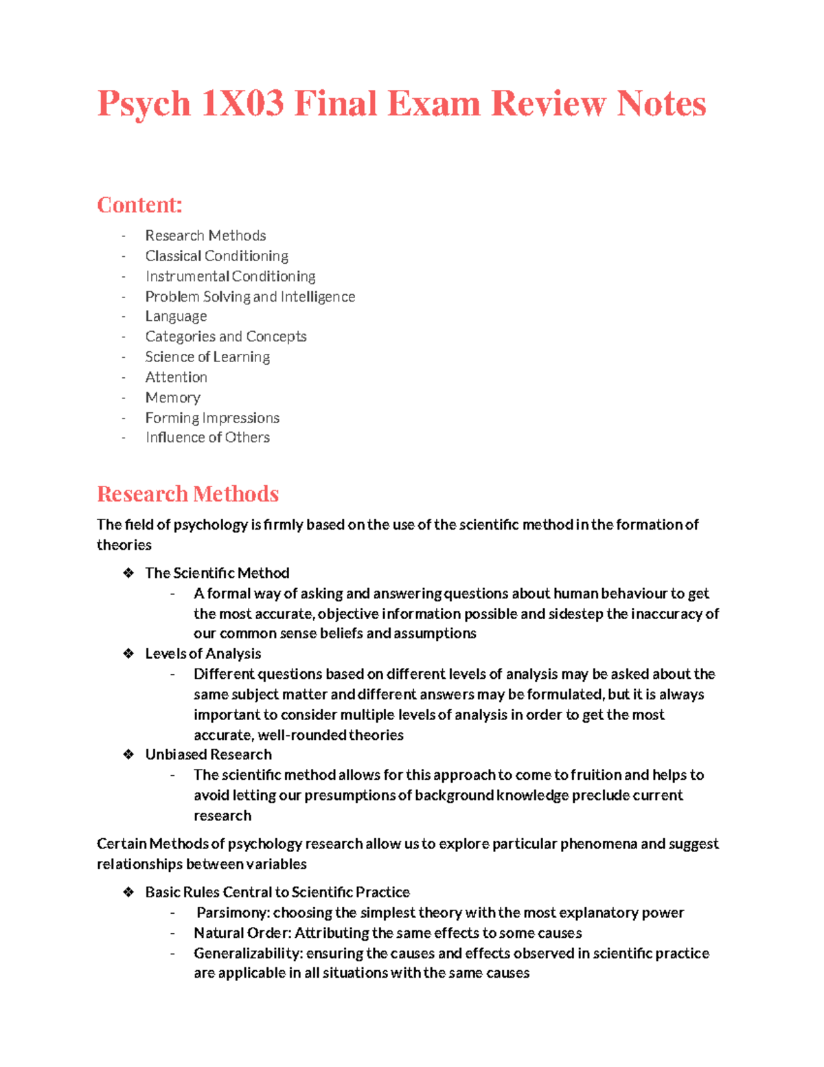 Psych 1X03 Comprehensive Final Exam Review Notes - Studocu