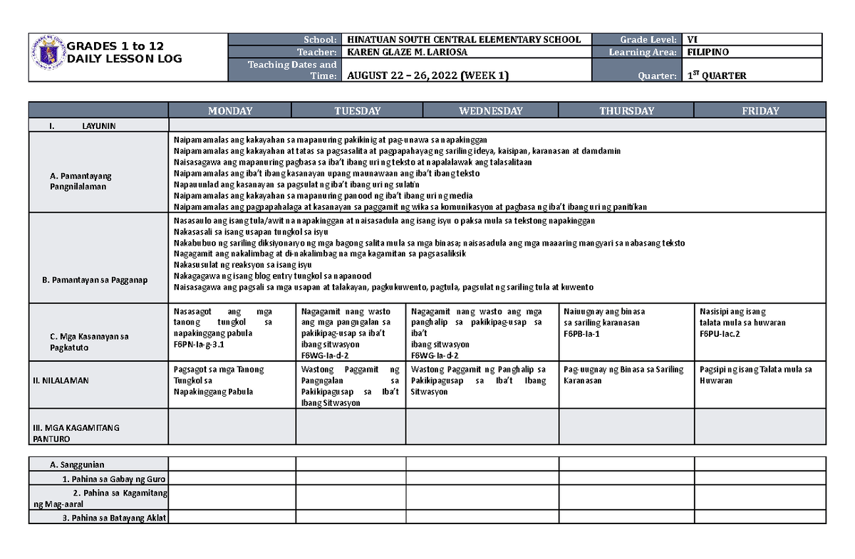 DLL Filipino 6 Q1 W1 - Daily Lesson Log for Grade VI - Studocu