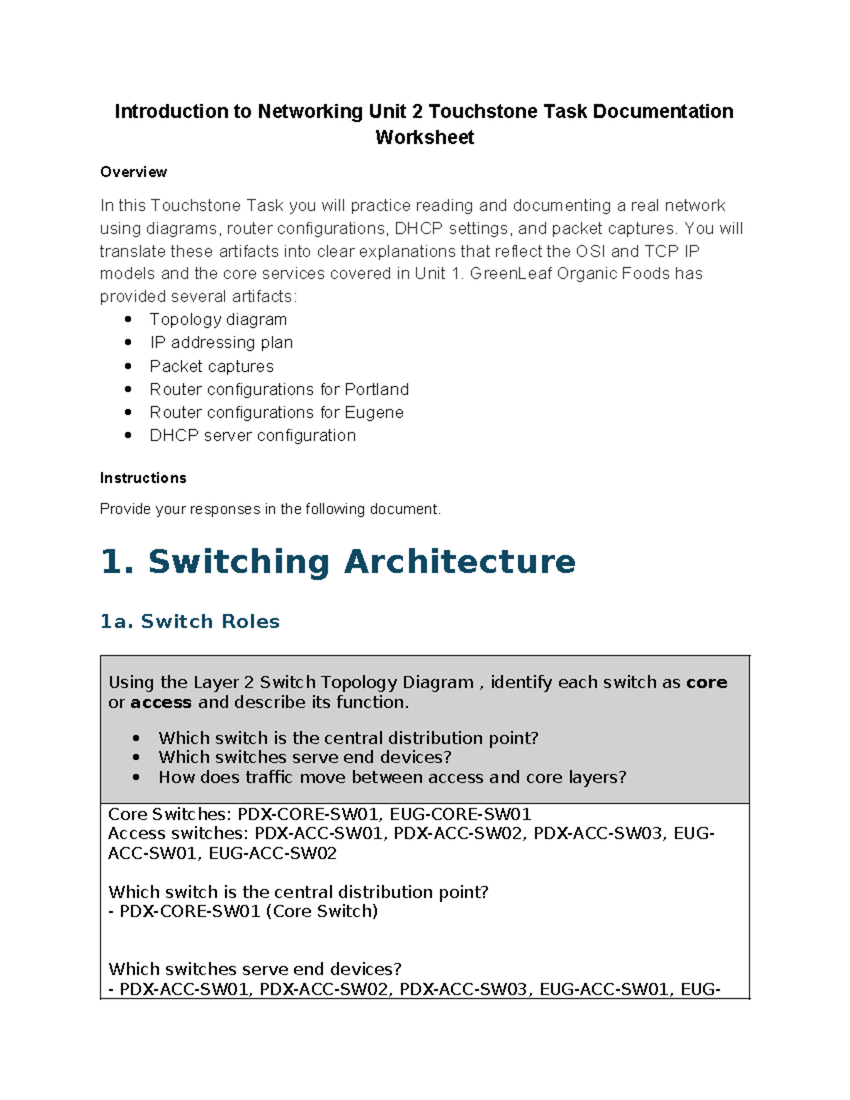Touchstone Task Unit 2: Switching & VLAN Documentation Overview - Studocu