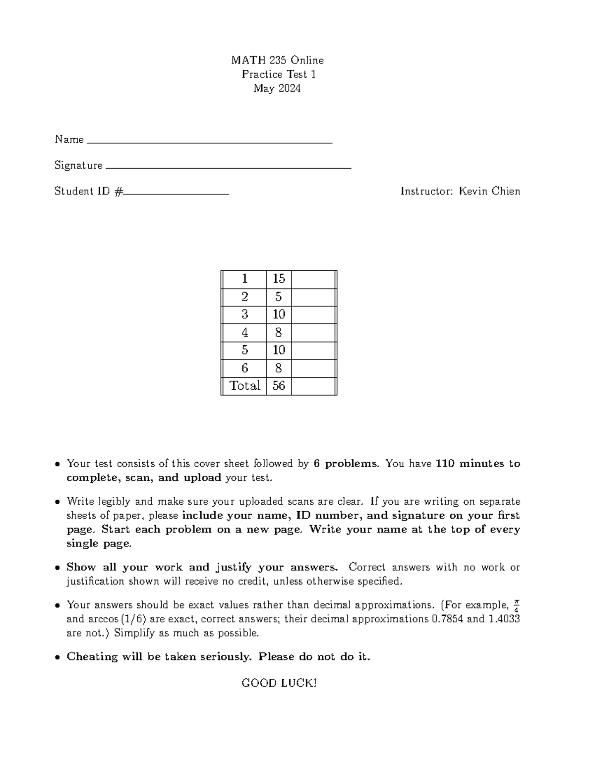 MATH 235 Practice Test 1A - Online Exam May 2024 - Studocu