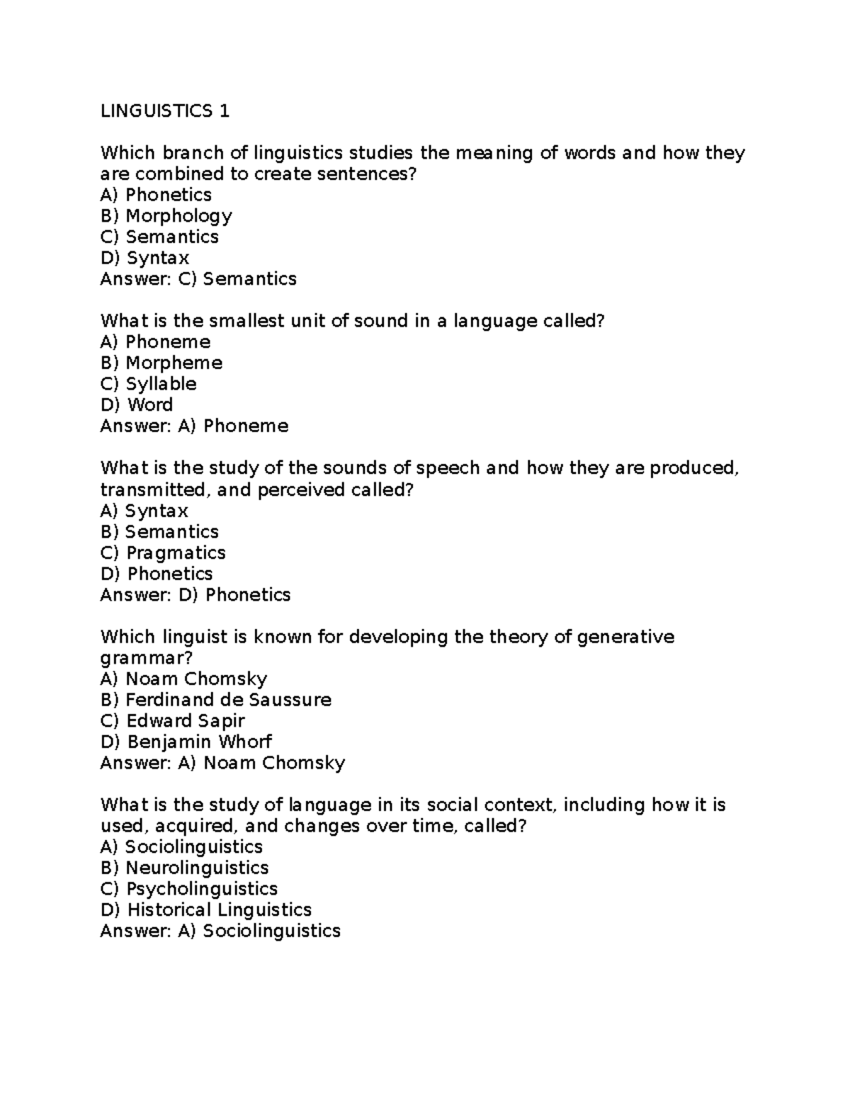 Linguistics 1 - Quiz on Key Concepts and Terminology - Studocu