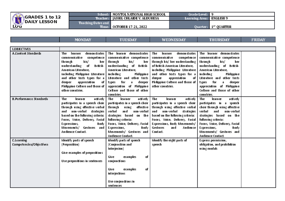 Q1 W9 English 9 DLL - DLL - GRADES 1 to 12 DAILY LESSON LOG School ...