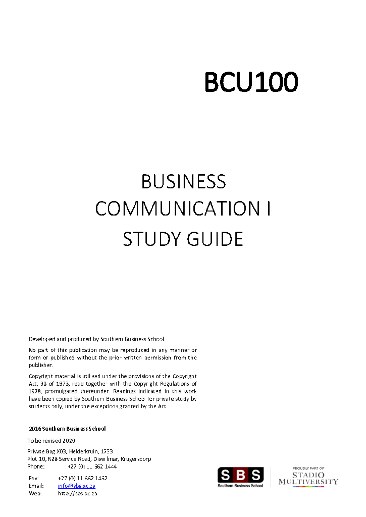 BCU100 2020 01 Study Guide - BCU 100 - Studocu