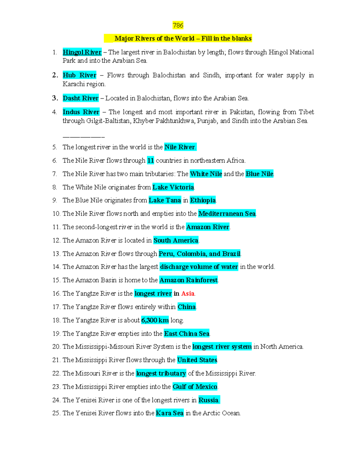 Test 08: Major Rivers of the World - Informative Notes - Studocu