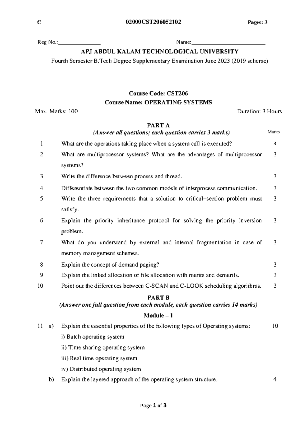 CST206 - Operating Systems: Previous Year Question Paper - Studocu