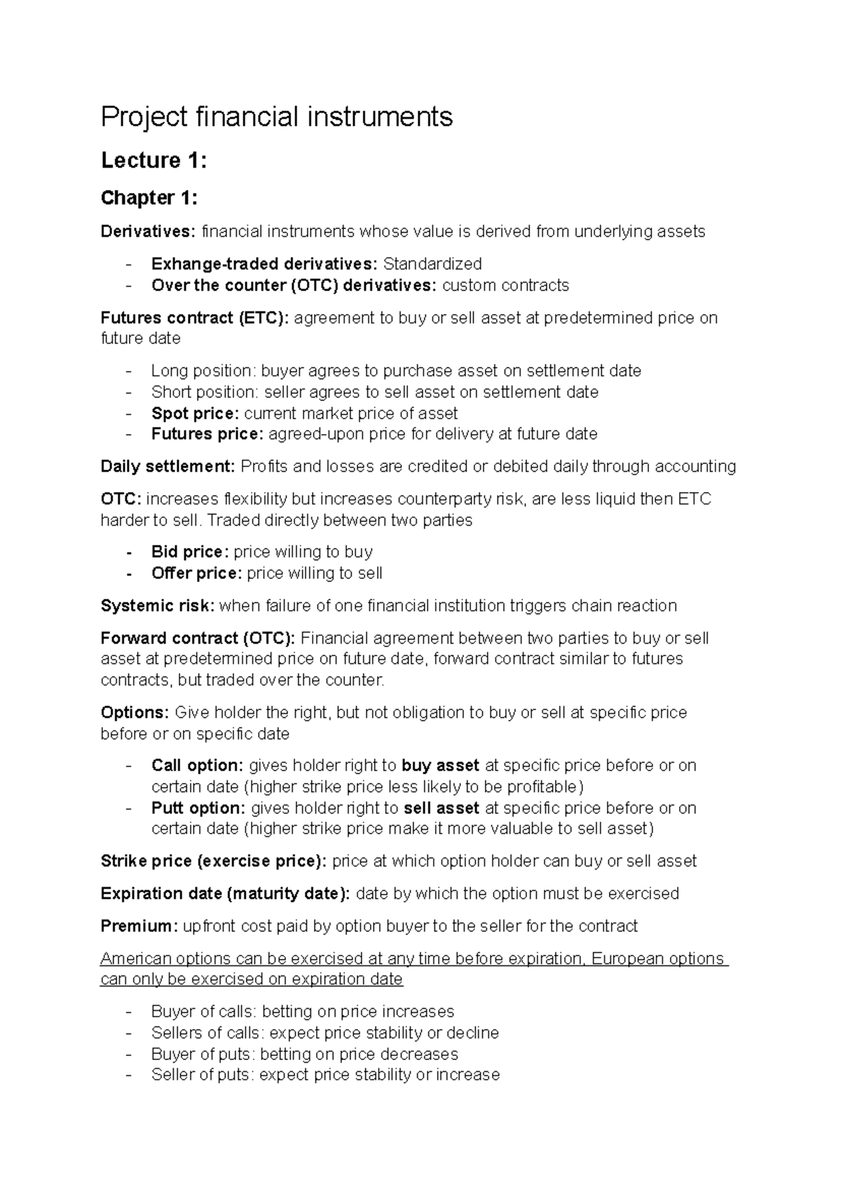 FIN 301: Project Financial Instruments Lecture Notes and Concepts ...