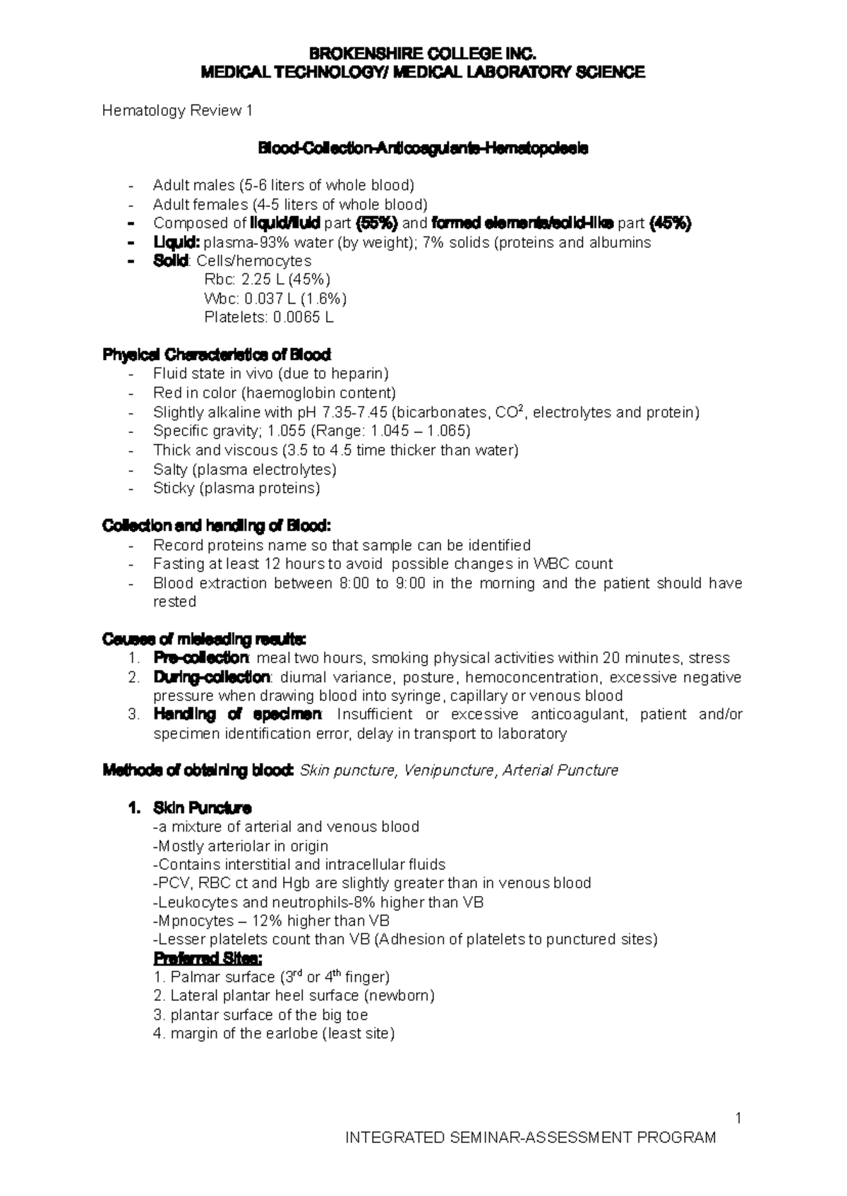 Hematology Review Notes for Medical Laboratory Science (MLS 101) - Studocu